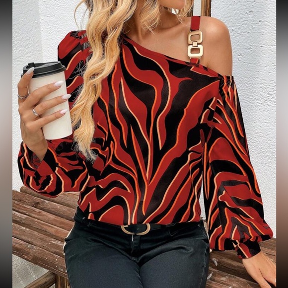 Zebra Abstract Print Asymmetrical Neck Cold Shoulder Chain Top Blouse Shirt - Picture 8 of 8